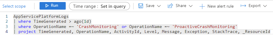 Crash Monitoring Events in Azure Monitor